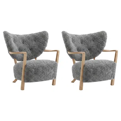Pre-owned &tradition Pair Of Wulff Lounge Chairs In Sheepskin Scandinavian Grey 22 & Oak For &t In Gray