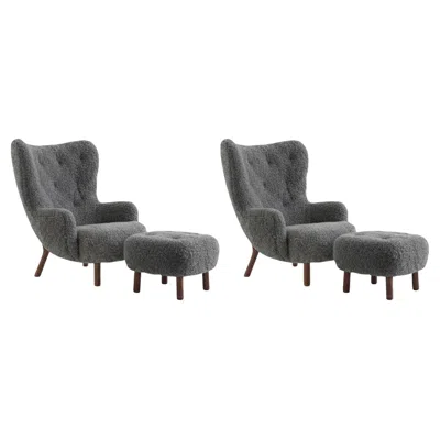 Pre-owned &tradition Set Of 2 Petra Lounge Chairs & 2poufs, Scandinavian Grey22 Sheepskin 17mm/walnut In Brown