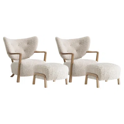 Pre-owned &tradition Set Of 2 Wulff Lounge Chairs & 2 Poufs In Sheepskin Moonlight & Oak For &t In Brown
