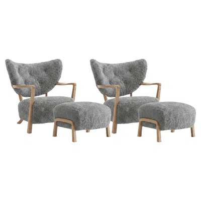 Pre-owned &tradition Set Of 2 Wulff Lounge Chairs & 2 Poufs In Sheepskin Scandinavian Grey 22 & Oak In Gray