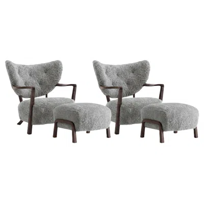Pre-owned &tradition Set Of 2 Wulff Lounge Chairs & 2 Poufs, Sheepskin Scandinavian Grey 22 & Walnut In Gray