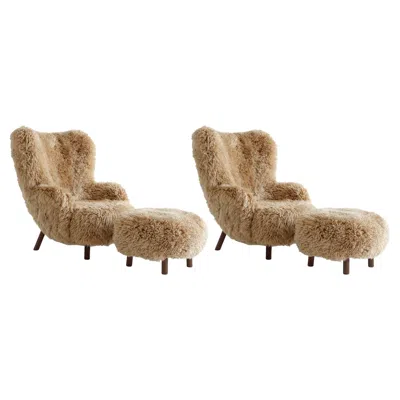 Pre-owned &tradition Set Of 2petra Lounge Chairs & 2poufs-sheepskin Honey 50mm/walnut, For  In Brown