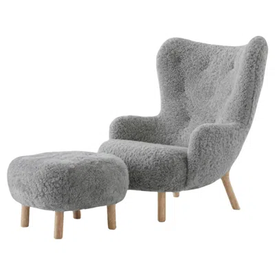 Pre-owned &tradition Set Of Petra Lounge Chair & Pouf In Scandinavian Grey 22 Sheepskin 17mm/oak In Gray