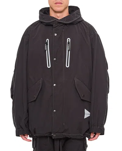And Wander Loose Fishtail Octa Polyester-blend Hooded Jacket In Black