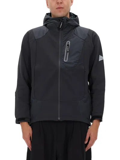 And Wander Black Nylon Panel Hooded Jacket In Blue