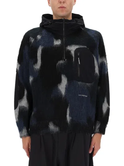 And Wander Camo Zipper Hooded Blend Half-zip Sweater In Black