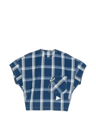 And Wander Check-print Back-button Blouse In Blue