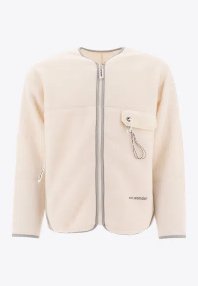 And Wander Collarless Zip-up Fleece Jacket In White