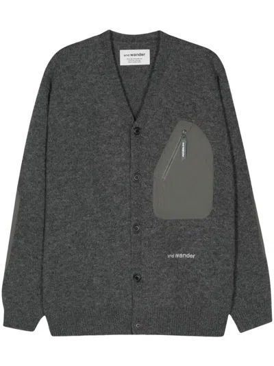 And Wander Logo-embroidered Cardigan In Grey