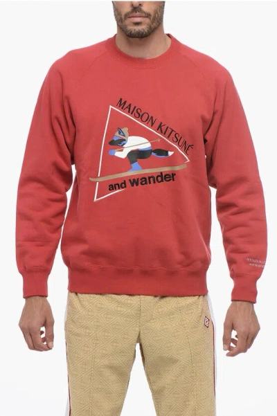 And Wander Maison Kitsune' Fleeced Cotton Crew-neck Sweatshirt With Fro In Red