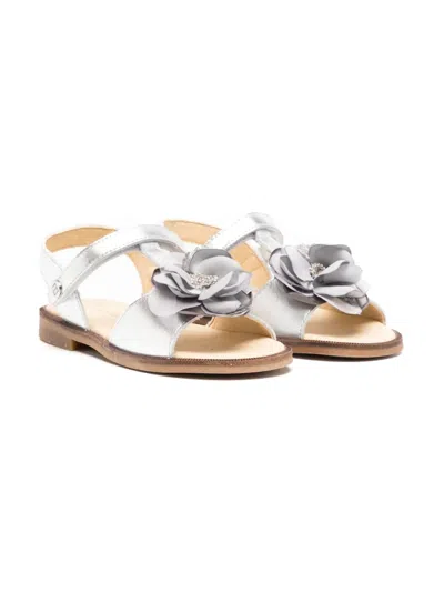 Andanines Kids' Floral-appliquéd Leather Sandals In Silver