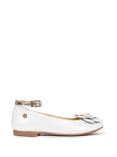 Andanines Kids' Floral-applique Buckle-strap Ballet Flats In White