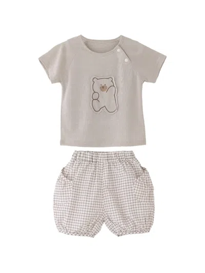 Andblue Babies' Bear-patch Checkered Shorts Set In Neutral