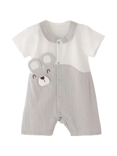 Andblue Babies' Bear-patchwork Peter Pan-collar Romper In Gray