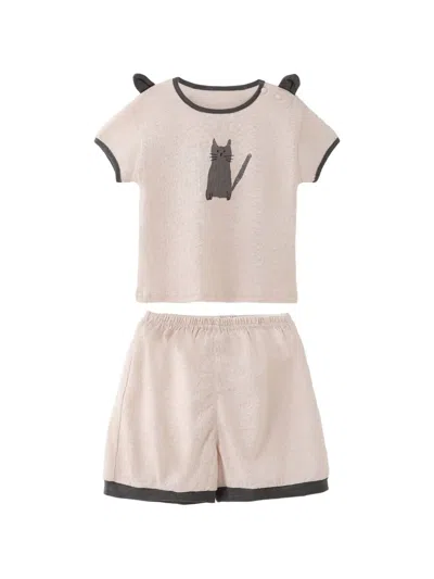 Andblue Babies' Cat-motif Short-sleeve Outfit Set In Neutral