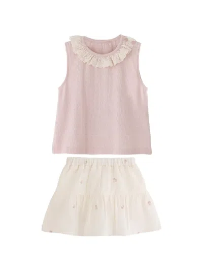 Andblue Babies' Lace-collar Embroidered Top And Skirt Set In Pink