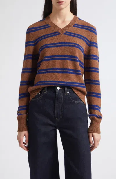 And-daughter &daughter Sligo Shrunken Lambswool V-neck Sweater In Hazelnut With Blue