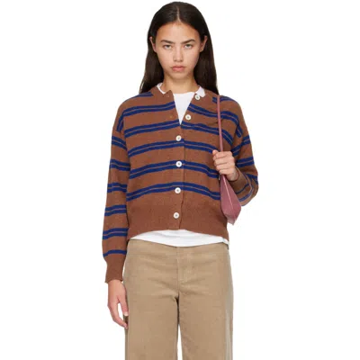 And-daughter Brown Ada Crewneck Cardigan In Hazelnut With Smalt
