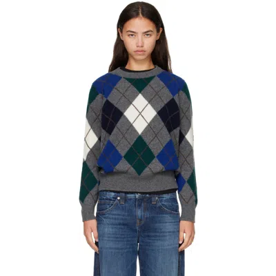 And-daughter Gray Ava Argyle Crewneck Sweater In Derby Grey With Whit