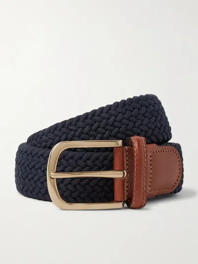 Anderson & Sheppard 3.5cm Leather-trimmed Woven Elastic Belt In Blue