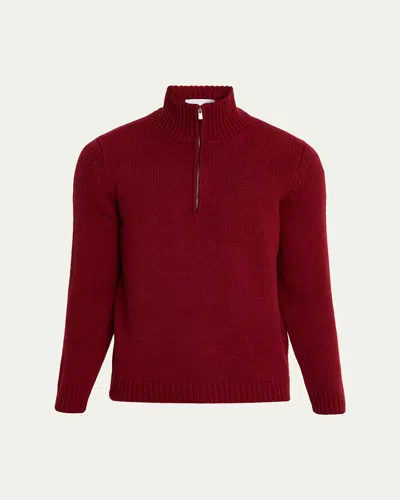 Anderson & Sheppard Men's Plain Knit Cashmere Quarter-zip Sweater In Burgundy