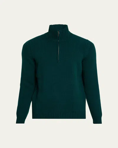 Anderson & Sheppard Men's Plain Knit Cashmere Quarter-zip Sweater In Green