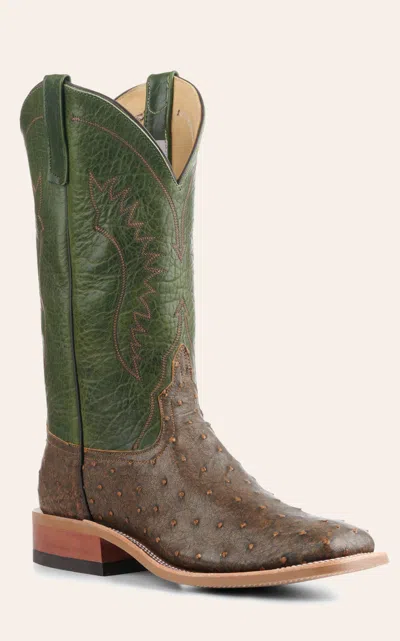 Anderson Bn Anderson Bean Men's Jade And Antique Brown Full Quill Ostrich Square Toe Exotic Cowboy Boots In Green