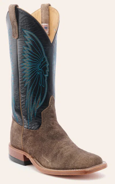 Anderson Bn Anderson Bean Men's River Rock Gray Suede And Black Wide Square Toe Cowboy Boot In Brown