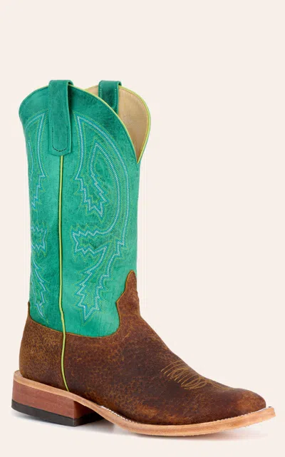 Anderson Bn Anderson Bean Men's Tan Boar And Turquoise Wide Square Toe Cowboy Boots In Green