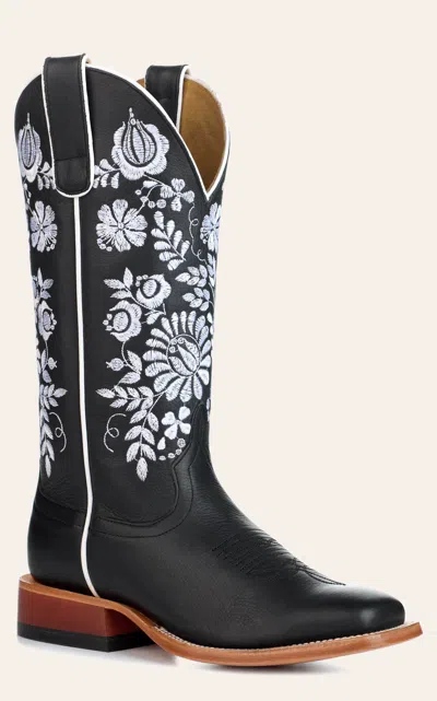 Anderson Bn Anderson Bean Women's Macie Bean Black With Floral Embroidery Wide Square Toe Cowboy Boots