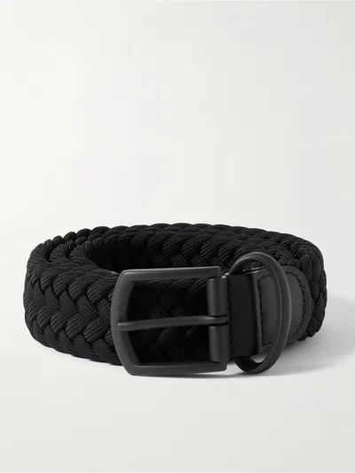 Anderson's 3.5cm Leather-trimmed Woven Elastic Belt In Black