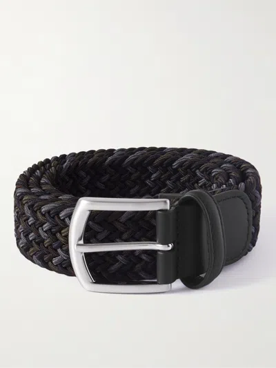 Anderson's 3.5cm Leather-trimmed Woven Elastic Belt In Black