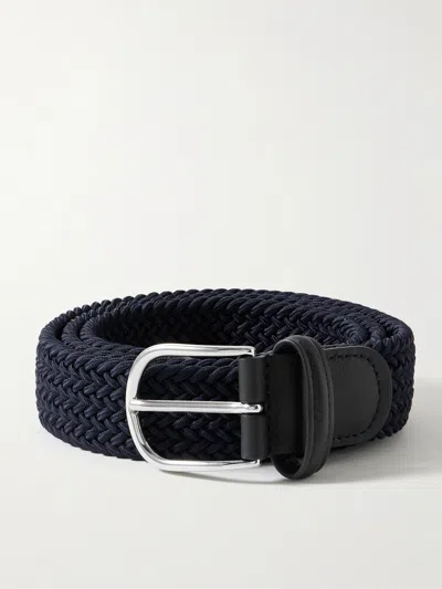 Anderson's 3.5cm Leather-trimmed Woven Elastic Belt In Blue