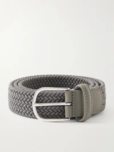 Anderson's 3.5cm Leather-trimmed Woven Elastic Belt In Gray