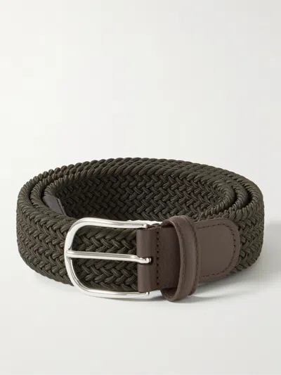 Anderson's 3.5cm Leather-trimmed Woven Elastic Belt In Green