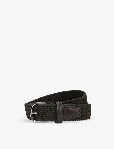 Anderson's Woven Stretch-elastic And Leather Belt In Khaki