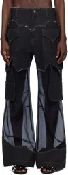 Andersson Bell Black Sheer Denim Cargo Pants In Black