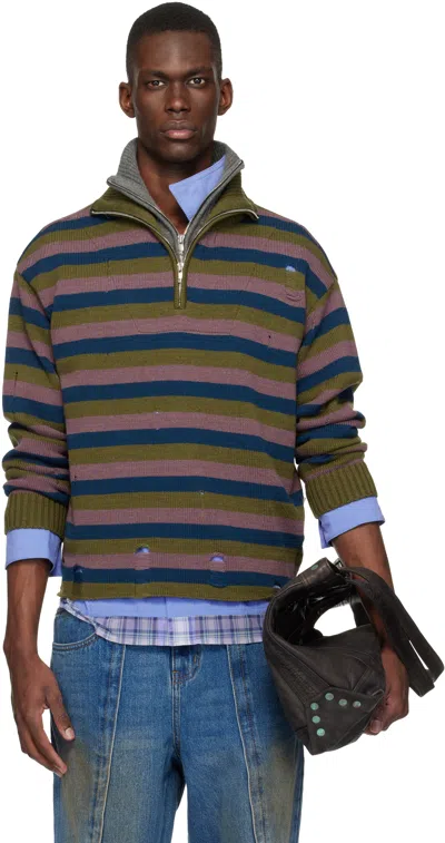 Andersson Bell Blue & Gray Double Layered Stripe Half Zip-up Sweater In Multi