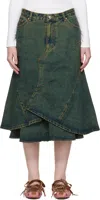 Andersson Bell Blue Custom Flare Layered Denim Midi Skirt In Green