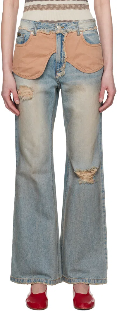 Andersson Bell Blue Deconstructed Dirty Wash Bootcut Jeans In Washed Blue