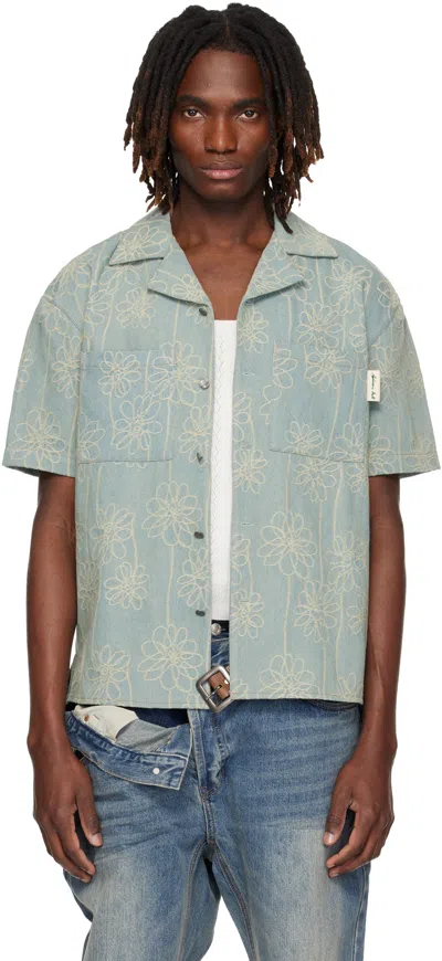 Andersson Bell Blue Flower Embroidery Open Collar Denim Shirt