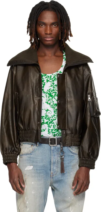 Andersson Bell Brown Knit-collar Ma-1 Faux-leather Bomber Jacket