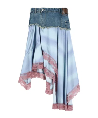 Andersson Bell Denim Patchwork Lace Trim Midi Skirt In Blue