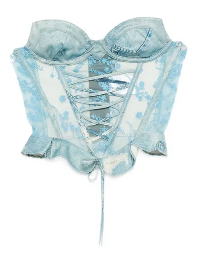 Andersson Bell Denim-print Corset Top In Blue