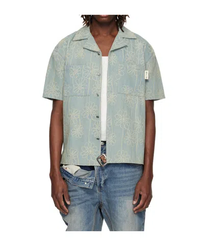 Andersson Bell Floral Embroidered Open Collar Denim Shirt In Green