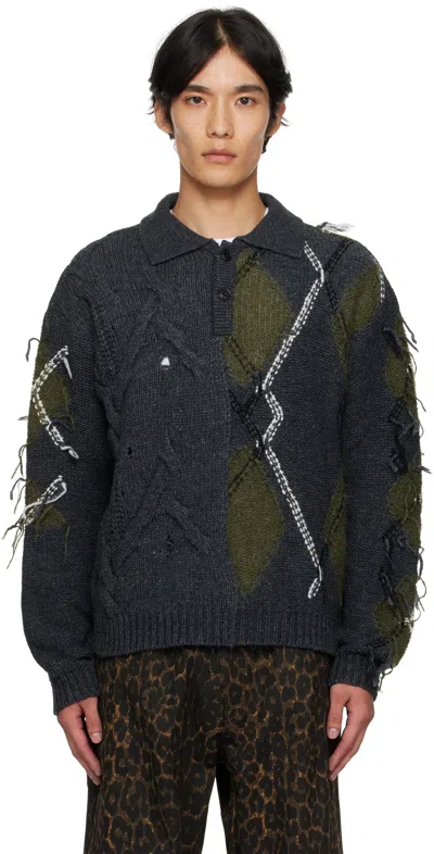 Andersson Bell Gray & Green Argyle Fisherman Polo Sweater In Multi
