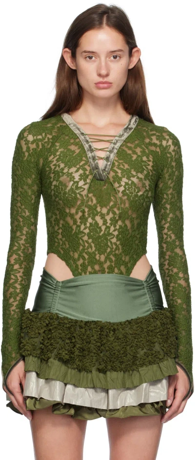 Andersson Bell Green Rose Lace Bodysuit In Khaki