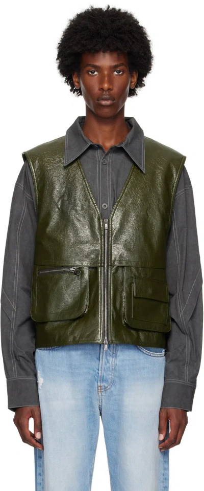 Andersson Bell Green Tonny Zip-up Faux-leather Vest In Khaki