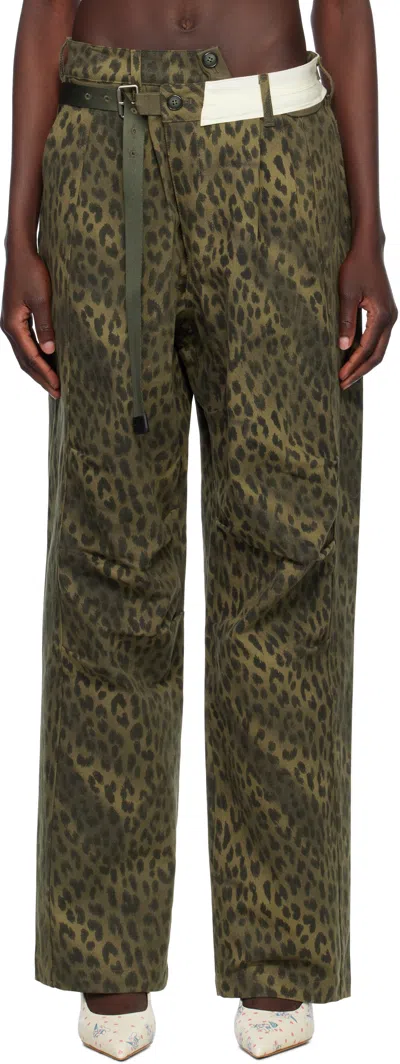 Andersson Bell Khaki Leopard Cross-over Wide Jeans In Green