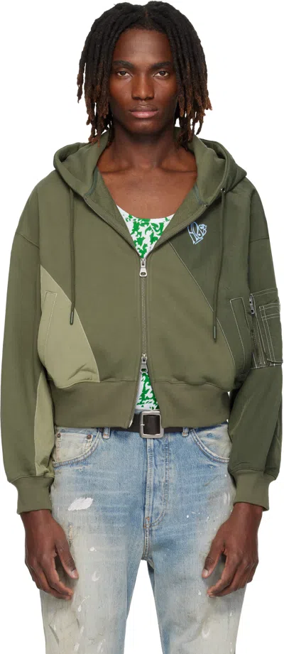 Andersson Bell Khaki Patchwork Ma-1 Zip Up Hoodie In Green